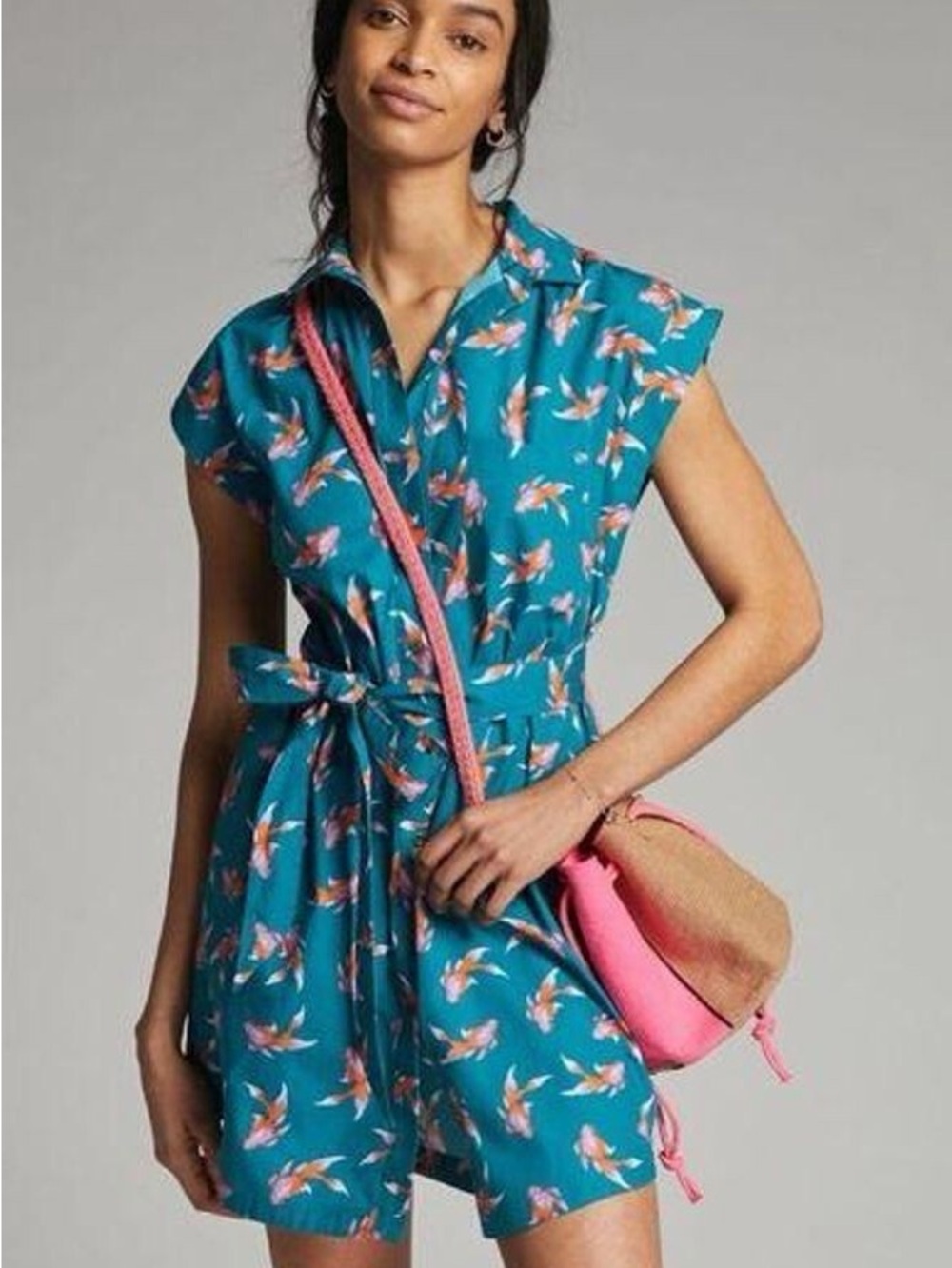 Anthropologie Teal Koi-Print Button-Front Midi Dress with Self-Tie - Picture 4 of 4